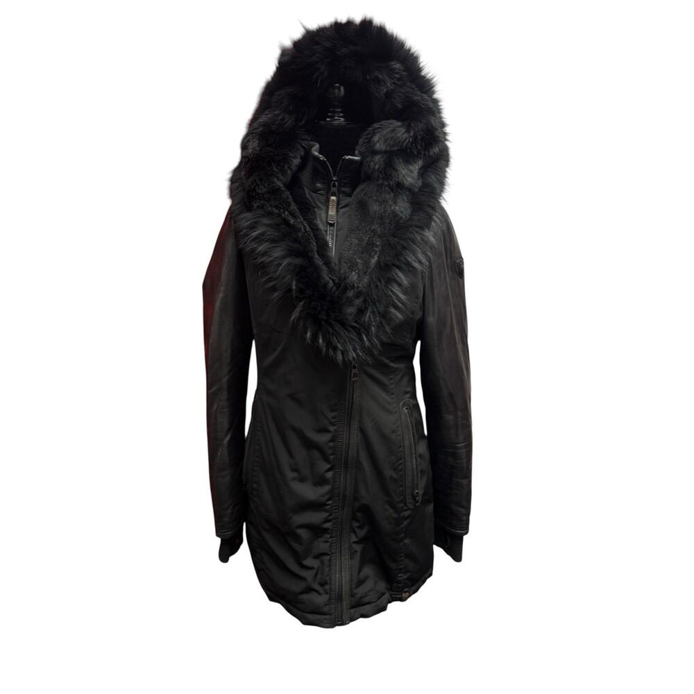 RUDSAK Grace Black Down Puffer Coat M Genuine Leather Sleeves Real Fur Parka - Picture 11 of 15